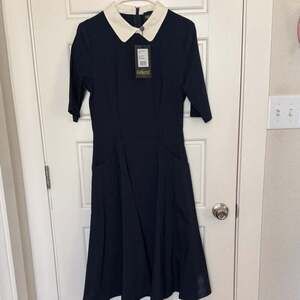Collectif London Winona Swing Dress Navy White Collar Size L NWT